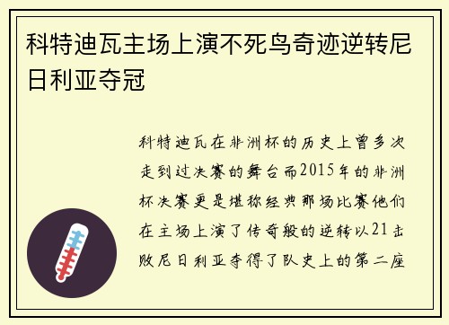 科特迪瓦主场上演不死鸟奇迹逆转尼日利亚夺冠 科特迪瓦主场上演不死鸟奇迹逆转尼日利亚夺冠